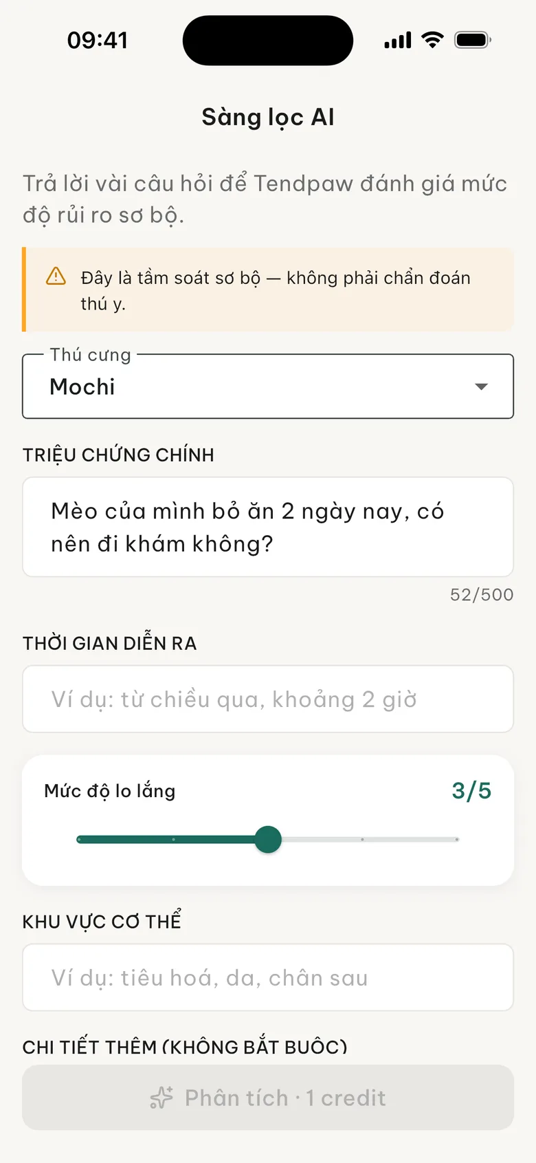 Màn hình tầm soát bằng AI của ứng dụng Tendpaw