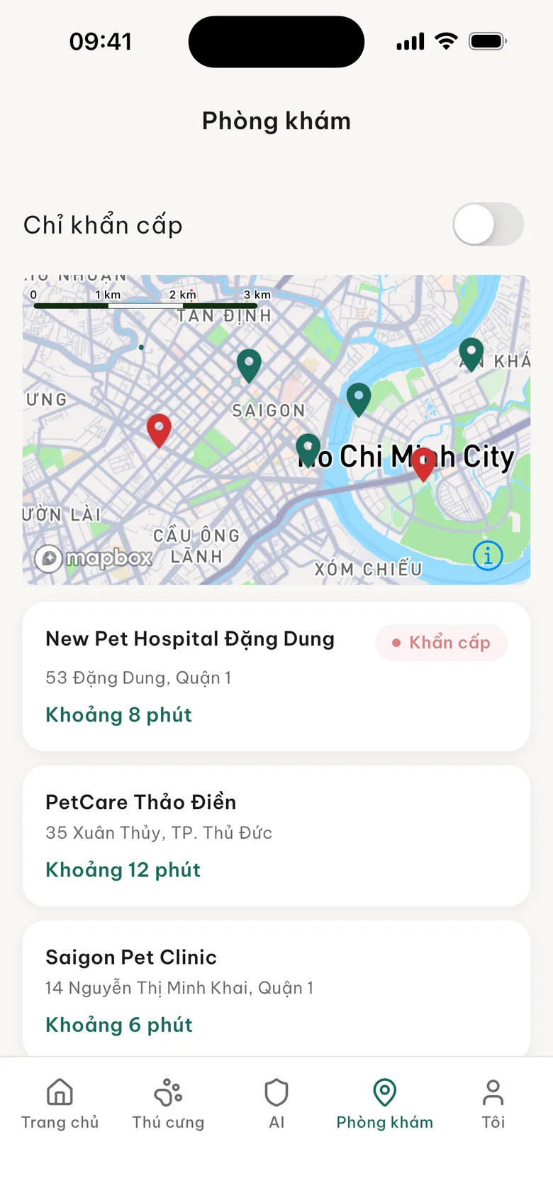 Bản đồ phòng khám của ứng dụng Tendpaw